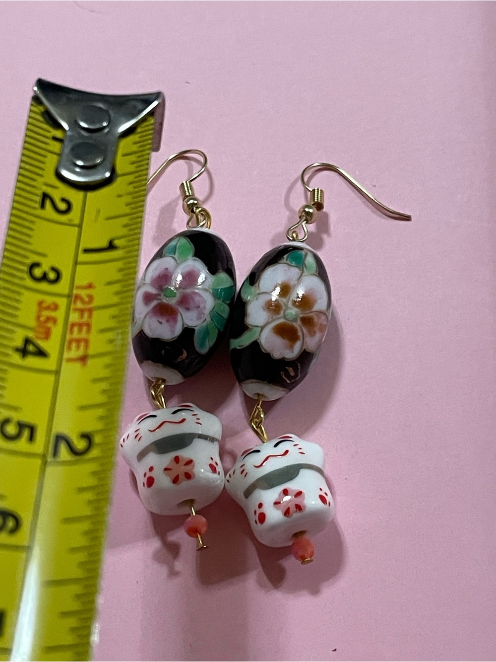 Ceramic Flower Maneki Neko Japanese  Pierced Earrings #9956 ❤️‍🔥 LAST CHANCE - Picture 2 of 7